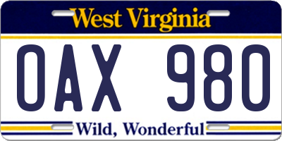 WV license plate OAX980