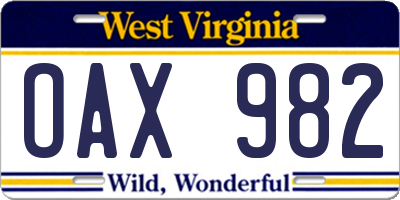 WV license plate OAX982