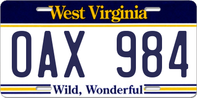 WV license plate OAX984