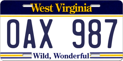 WV license plate OAX987
