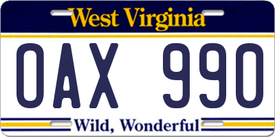 WV license plate OAX990