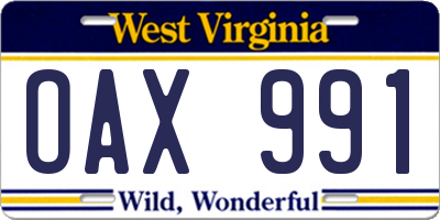 WV license plate OAX991