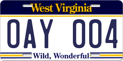 WV license plate OAY004