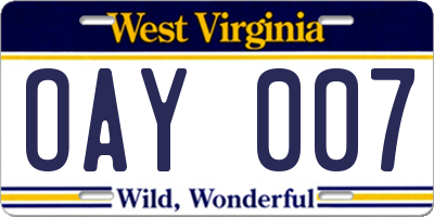 WV license plate OAY007