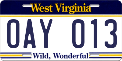 WV license plate OAY013