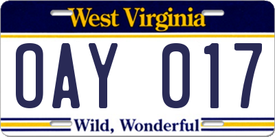 WV license plate OAY017
