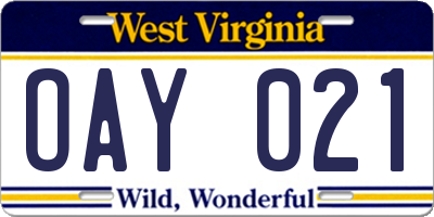 WV license plate OAY021
