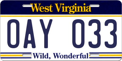 WV license plate OAY033