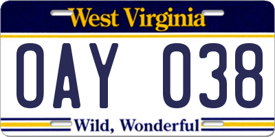 WV license plate OAY038
