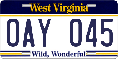 WV license plate OAY045