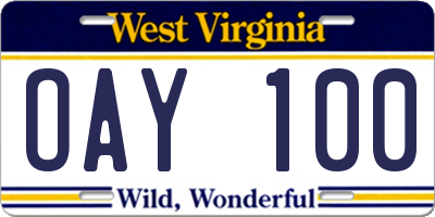 WV license plate OAY100
