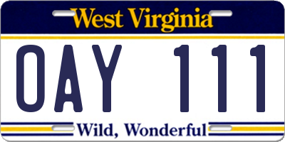 WV license plate OAY111