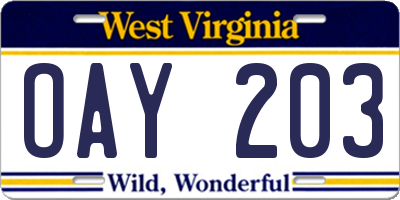 WV license plate OAY203