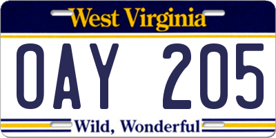WV license plate OAY205
