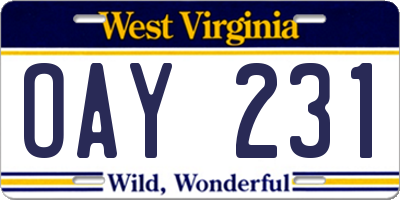 WV license plate OAY231