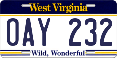 WV license plate OAY232