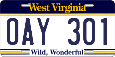 WV license plate OAY301