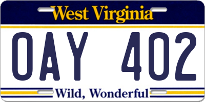 WV license plate OAY402