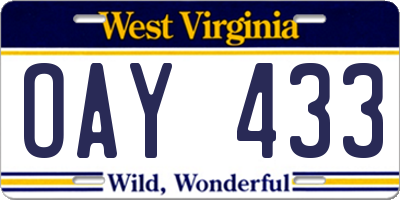 WV license plate OAY433