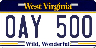 WV license plate OAY500