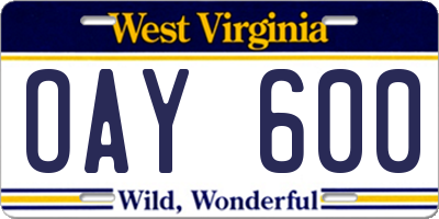 WV license plate OAY600