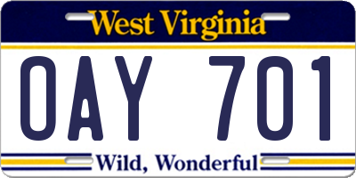 WV license plate OAY701