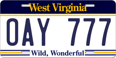 WV license plate OAY777