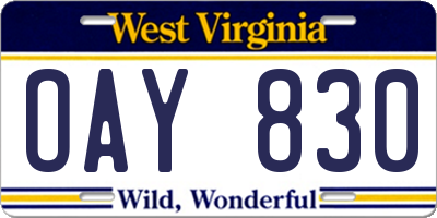 WV license plate OAY830