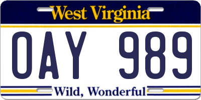 WV license plate OAY989
