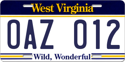WV license plate OAZ012