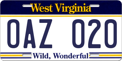 WV license plate OAZ020