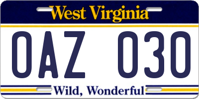 WV license plate OAZ030