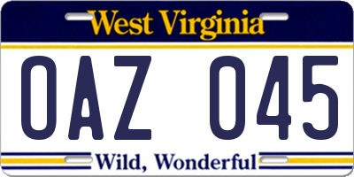 WV license plate OAZ045