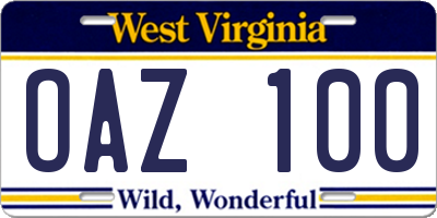 WV license plate OAZ100