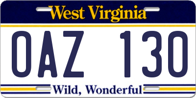 WV license plate OAZ130