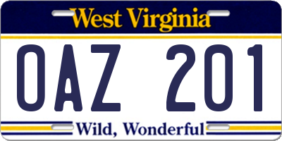 WV license plate OAZ201