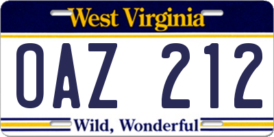 WV license plate OAZ212