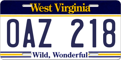 WV license plate OAZ218