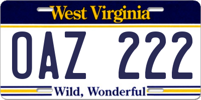 WV license plate OAZ222