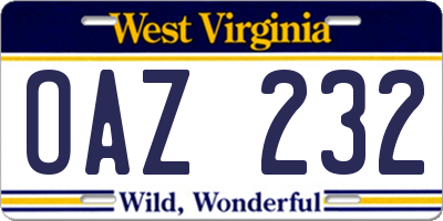 WV license plate OAZ232