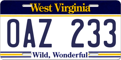 WV license plate OAZ233