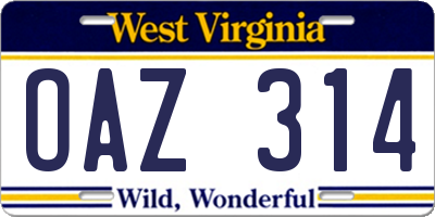 WV license plate OAZ314
