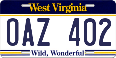 WV license plate OAZ402