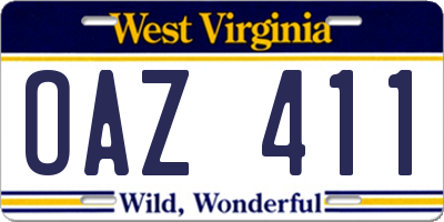 WV license plate OAZ411