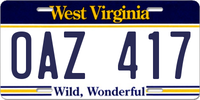 WV license plate OAZ417