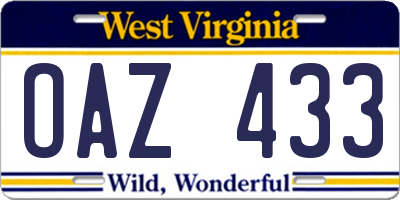 WV license plate OAZ433