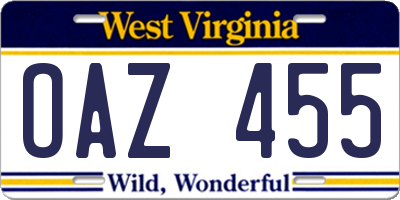 WV license plate OAZ455