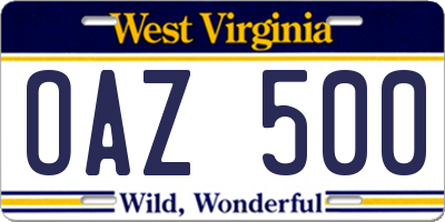 WV license plate OAZ500