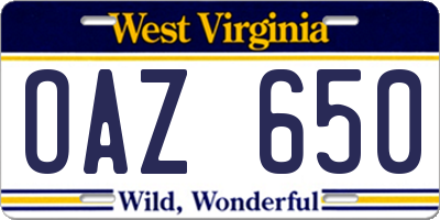 WV license plate OAZ650