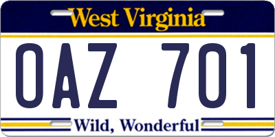 WV license plate OAZ701